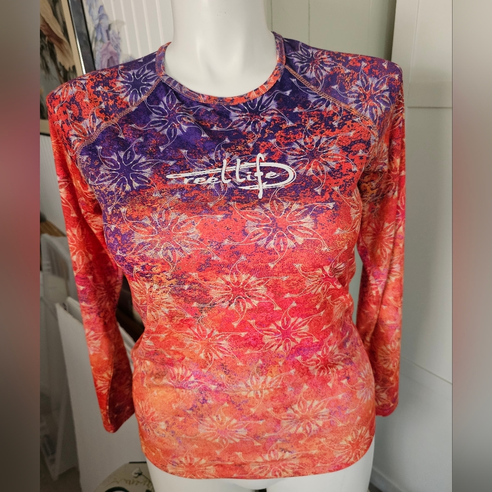 Reel Life Women's Large UPF 50+ Sun Ray Defender Fishing Rash Guard Shirt Orange